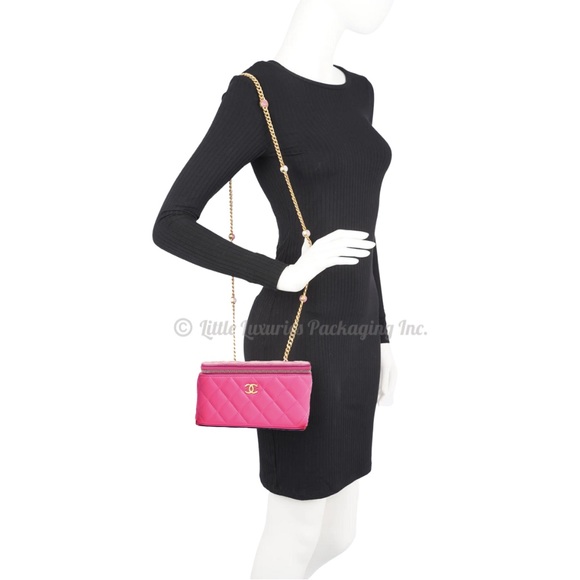NWT Authentic Chanel Fuchsia Pink Leather Vanity Case Handbag with Jeweled Chain - Picture 15 of 16